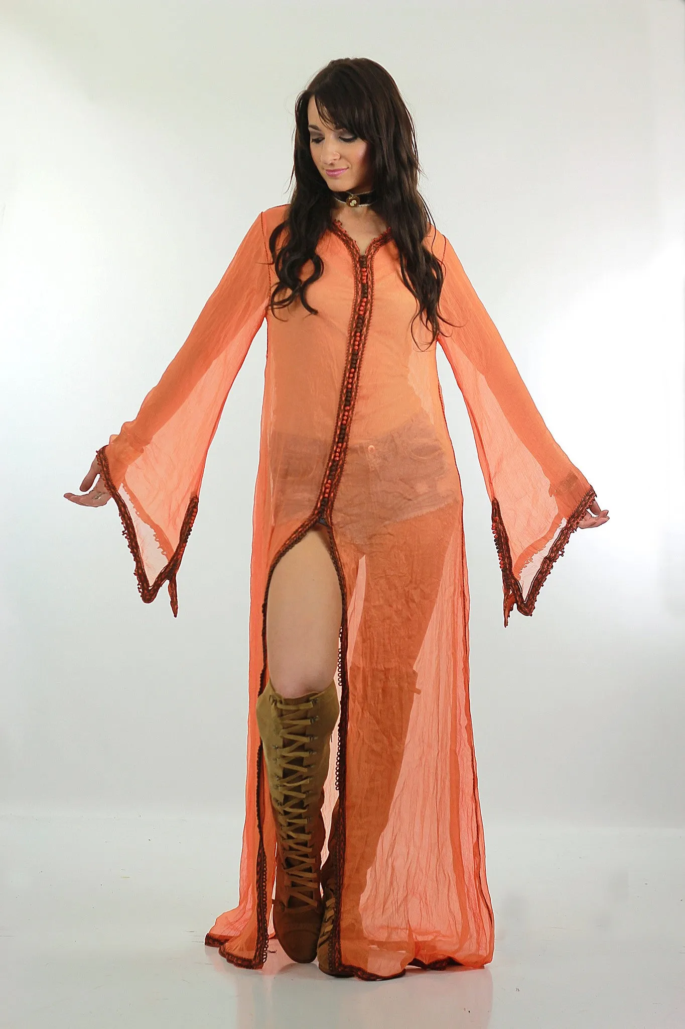 Vintage 70s sheer silk caftan robe Boho Hippie angel sleeve