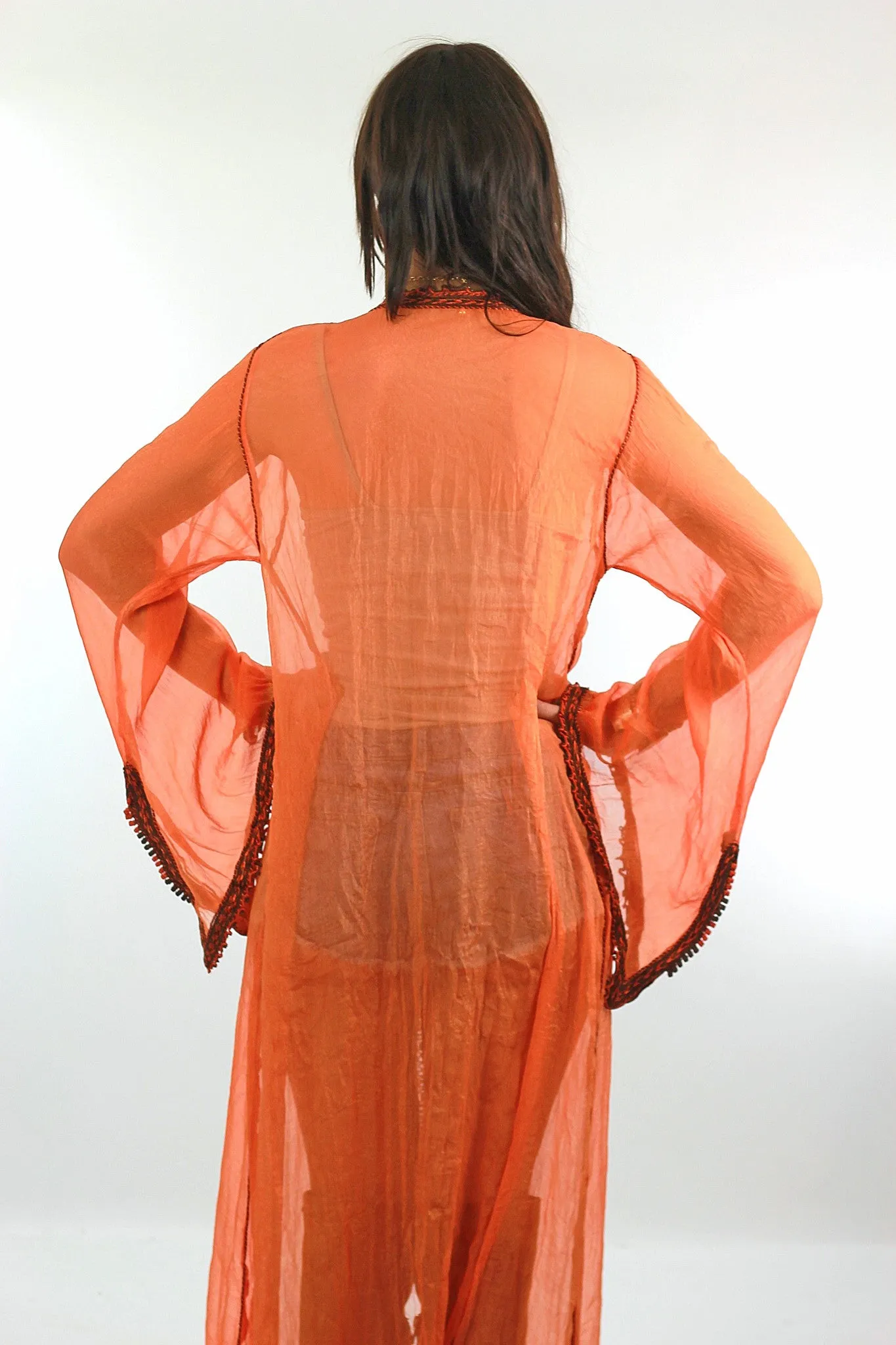 Vintage 70s sheer silk caftan robe Boho Hippie angel sleeve