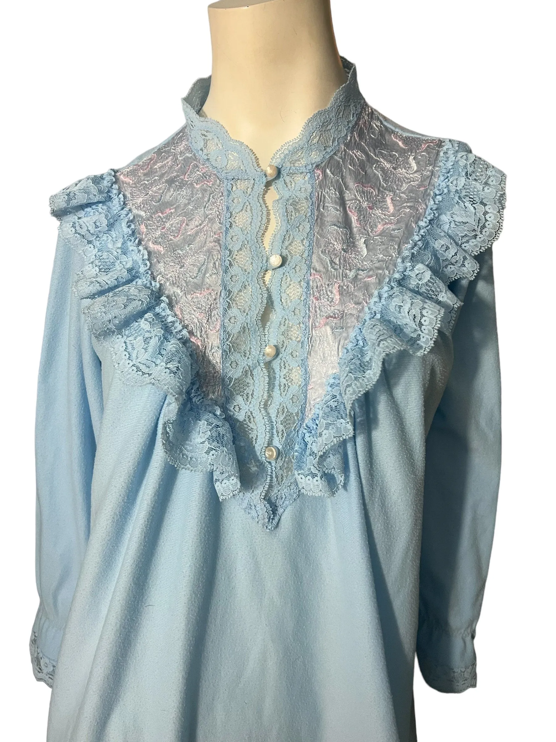 Vintage 80’s flannel blue ruffle nightgown M Suzanne Beth