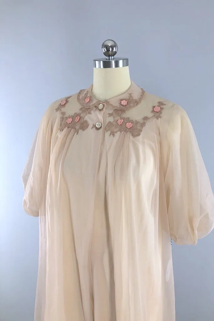 Vintage Beige Lace Chiffon Robe