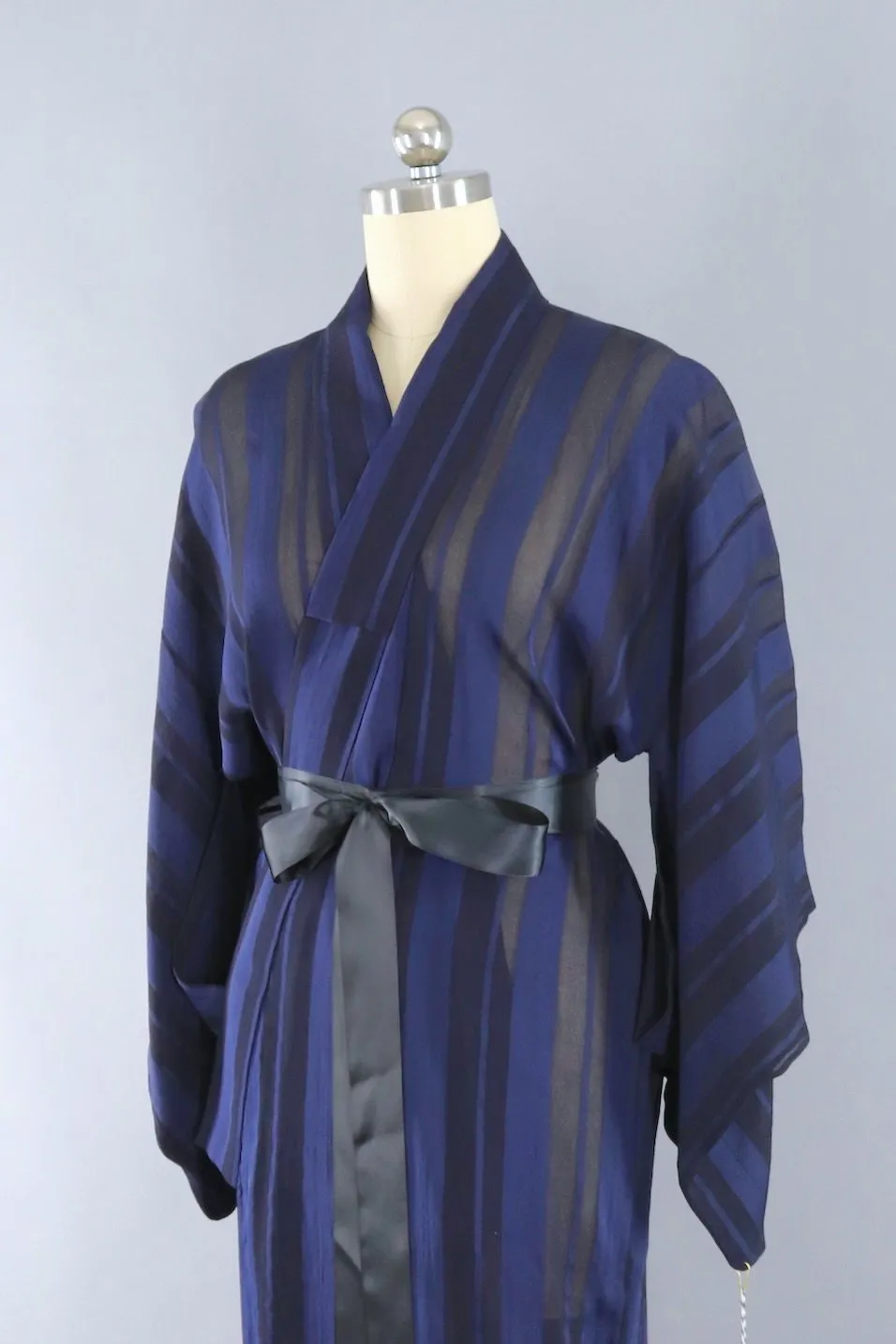 Vintage Blue Silk Chiffon Kimono Robe