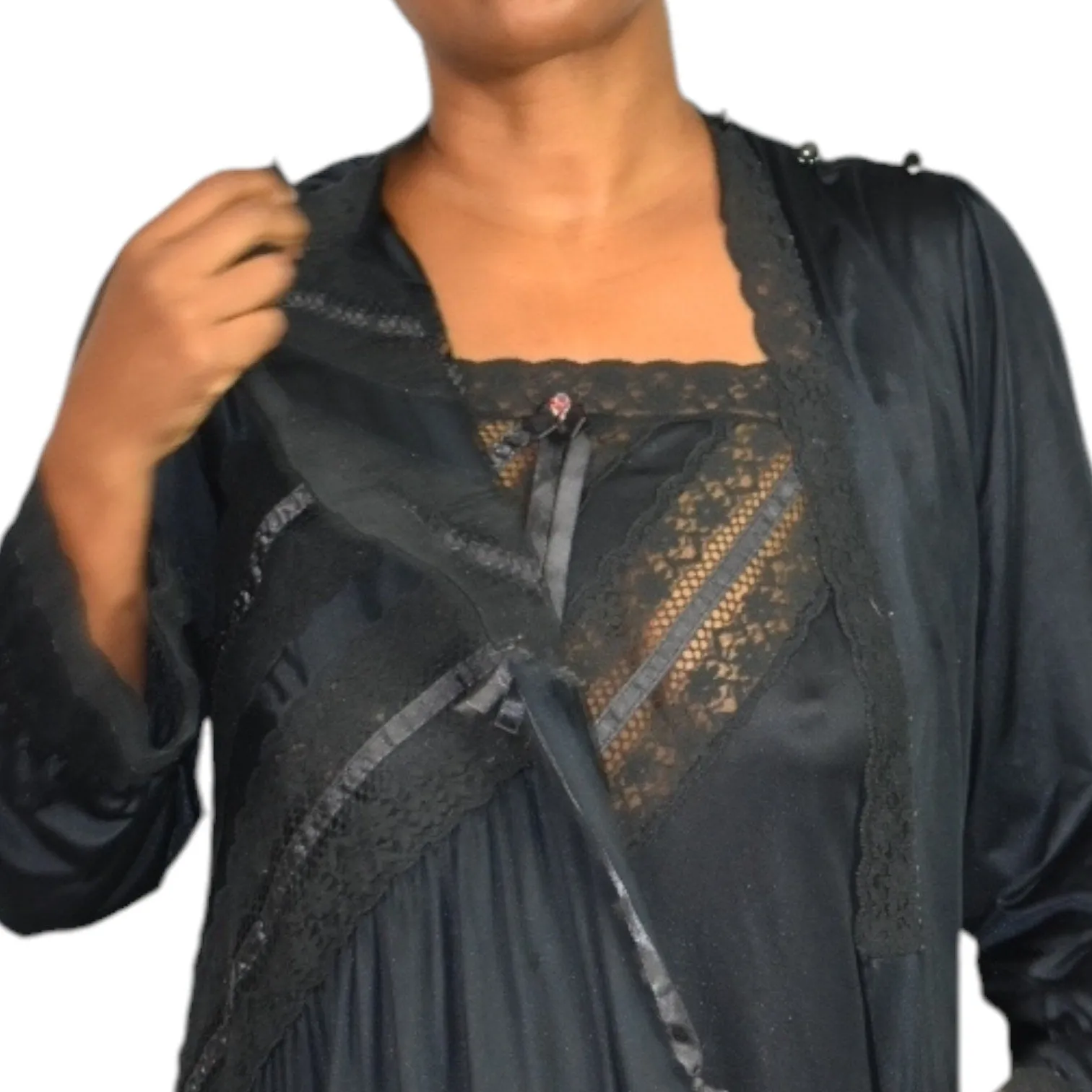 Vintage Gilead Nightgown Robe Set Lingerie Peignoir Black 70s Negligee Size Medium