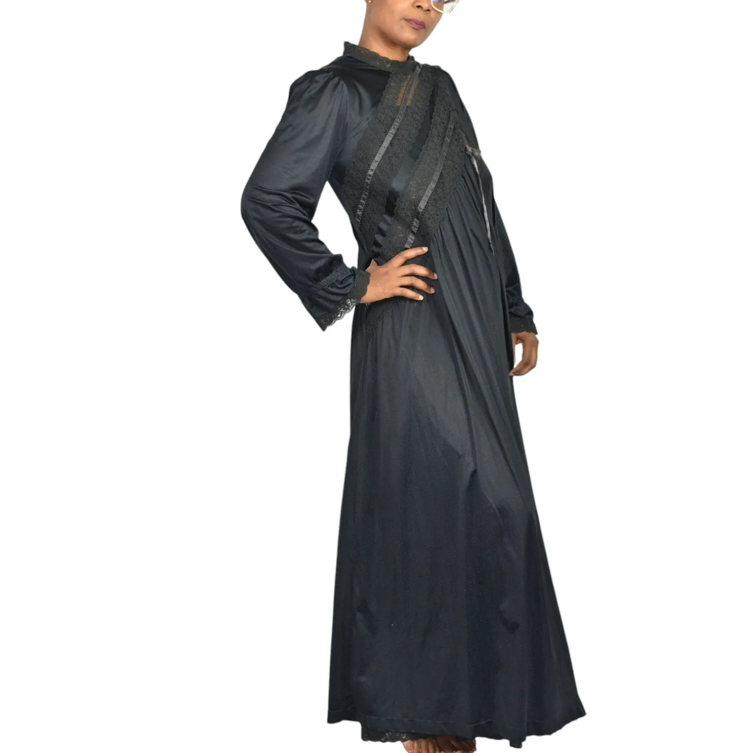 Vintage Gilead Nightgown Robe Set Lingerie Peignoir Black 70s Negligee Size Medium