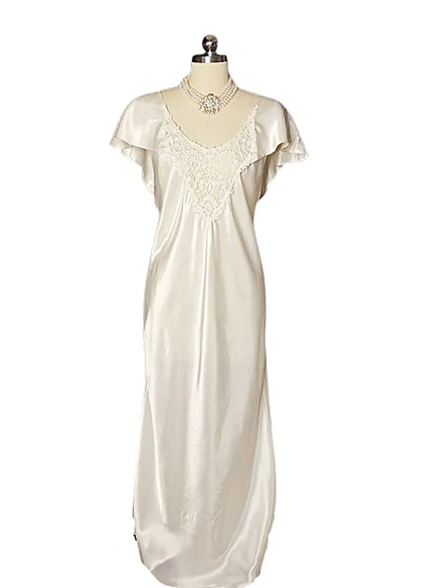 VINTAGE JESSICA LYNN LACE APPLIQUE BODICE SATIN BIAS SKIRT NIGHTGOWN DRAPED BACK