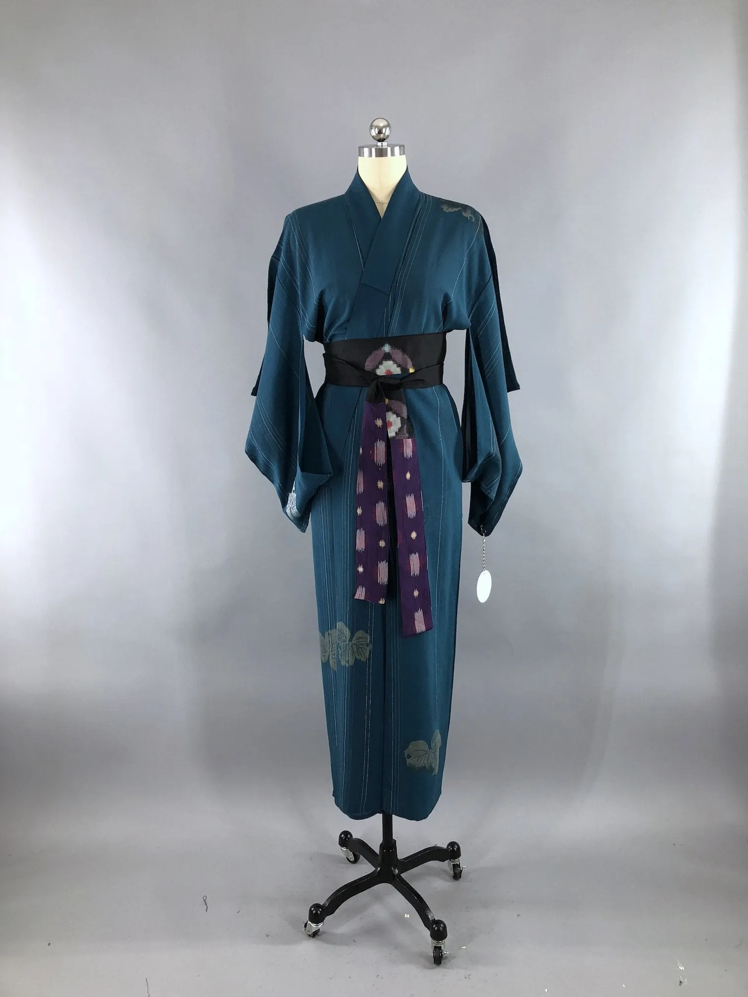 Vintage Silk Crepe Kimono Robe / Teal Blue Green with Silver & Gold Embroidery Leaves