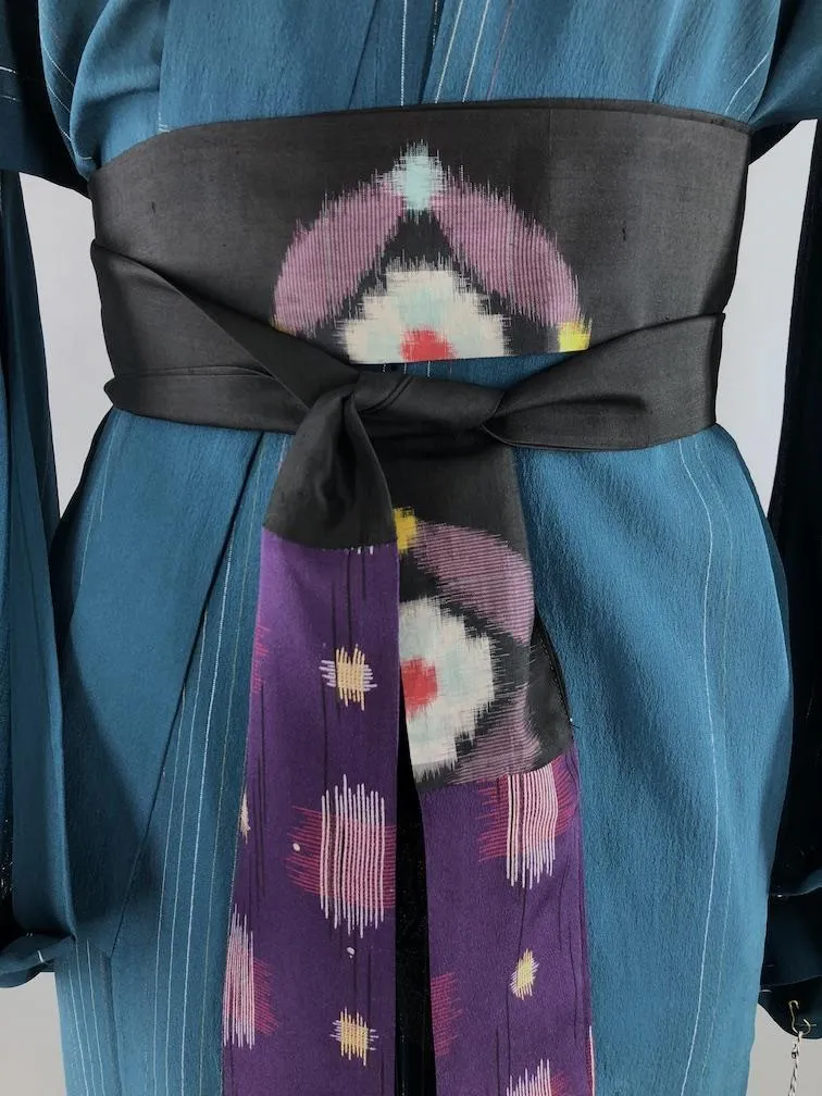 Vintage Silk Crepe Kimono Robe / Teal Blue Green with Silver & Gold Embroidery Leaves