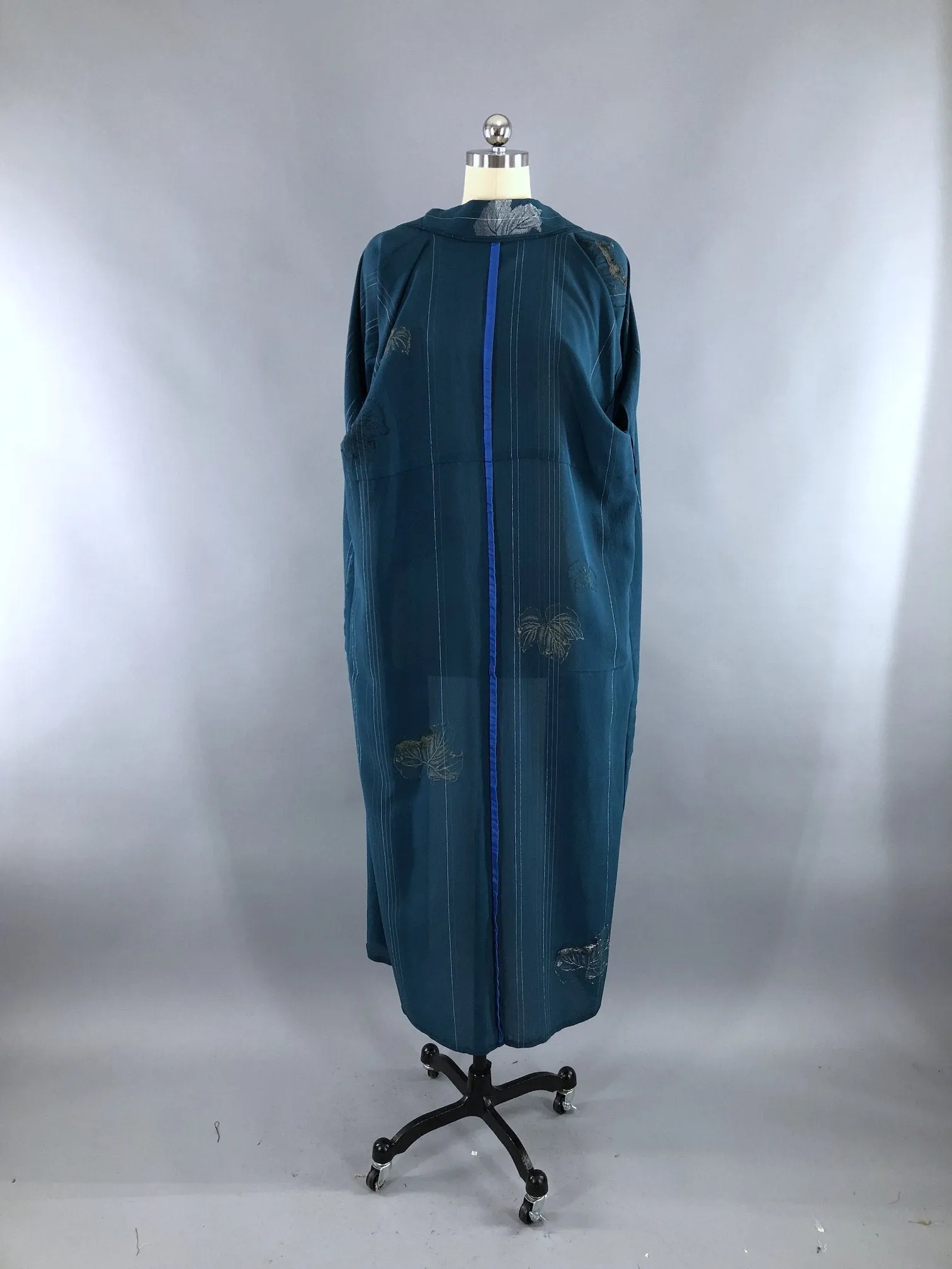 Vintage Silk Crepe Kimono Robe / Teal Blue Green with Silver & Gold Embroidery Leaves