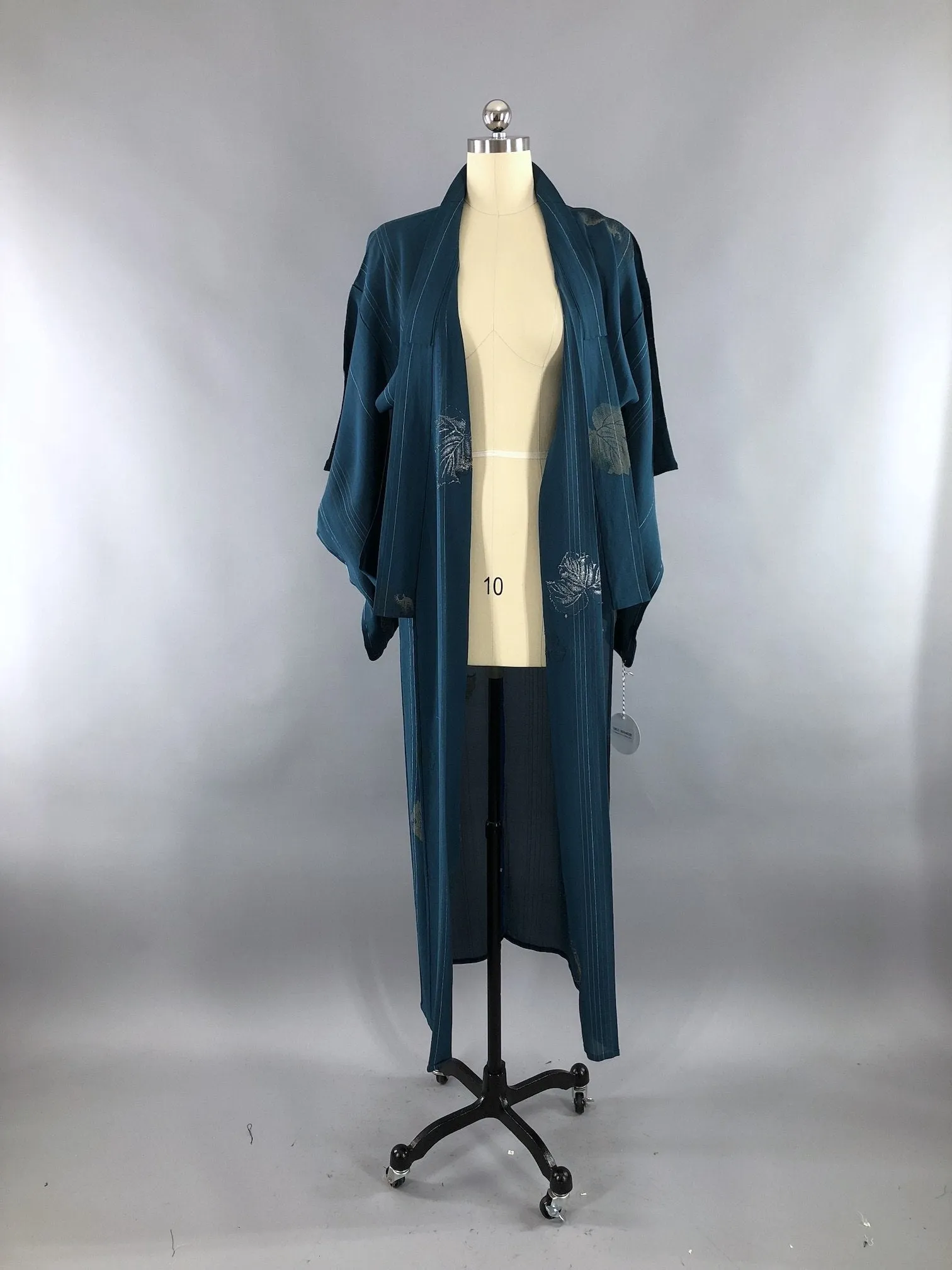 Vintage Silk Crepe Kimono Robe / Teal Blue Green with Silver & Gold Embroidery Leaves