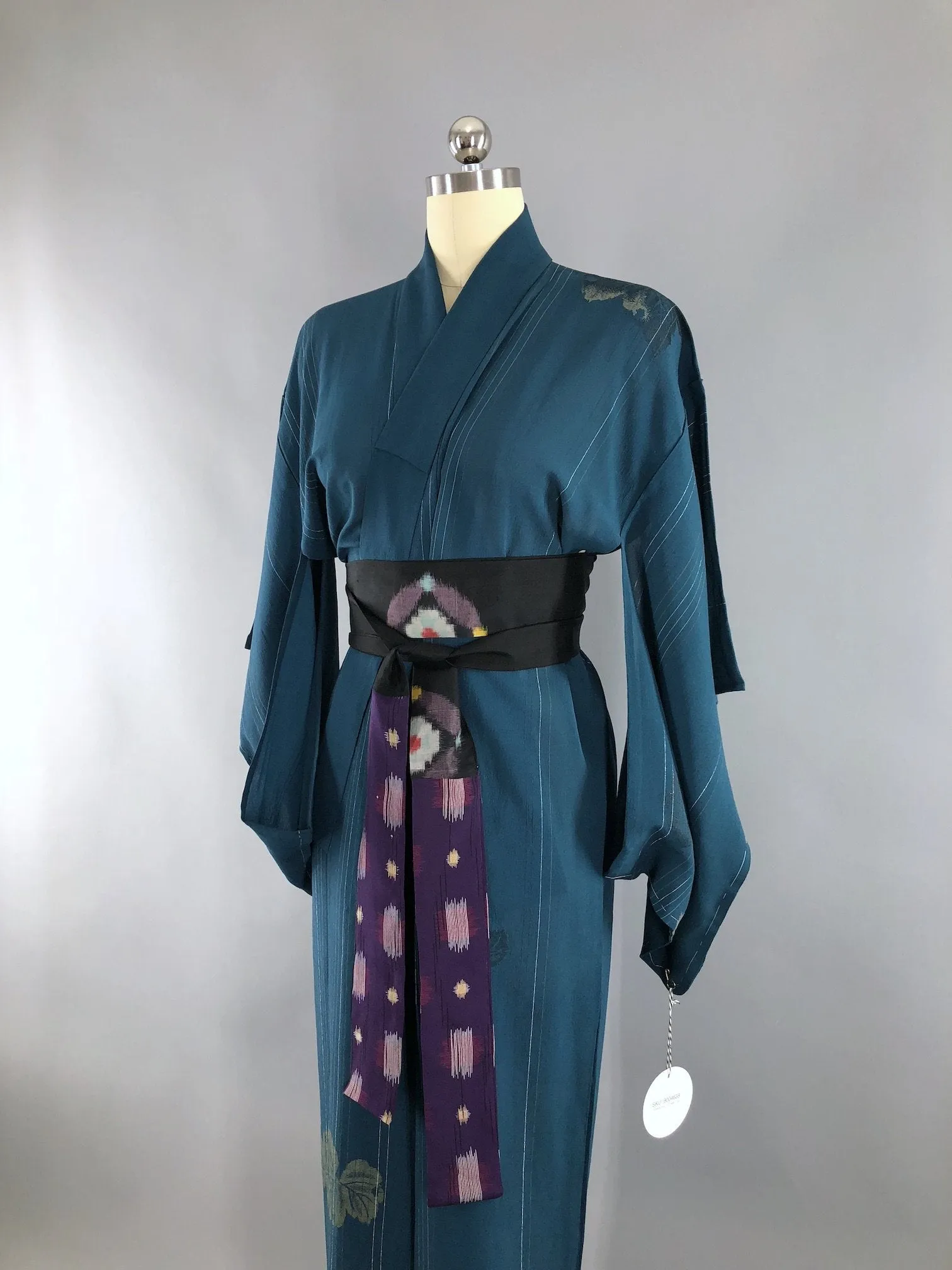 Vintage Silk Crepe Kimono Robe / Teal Blue Green with Silver & Gold Embroidery Leaves