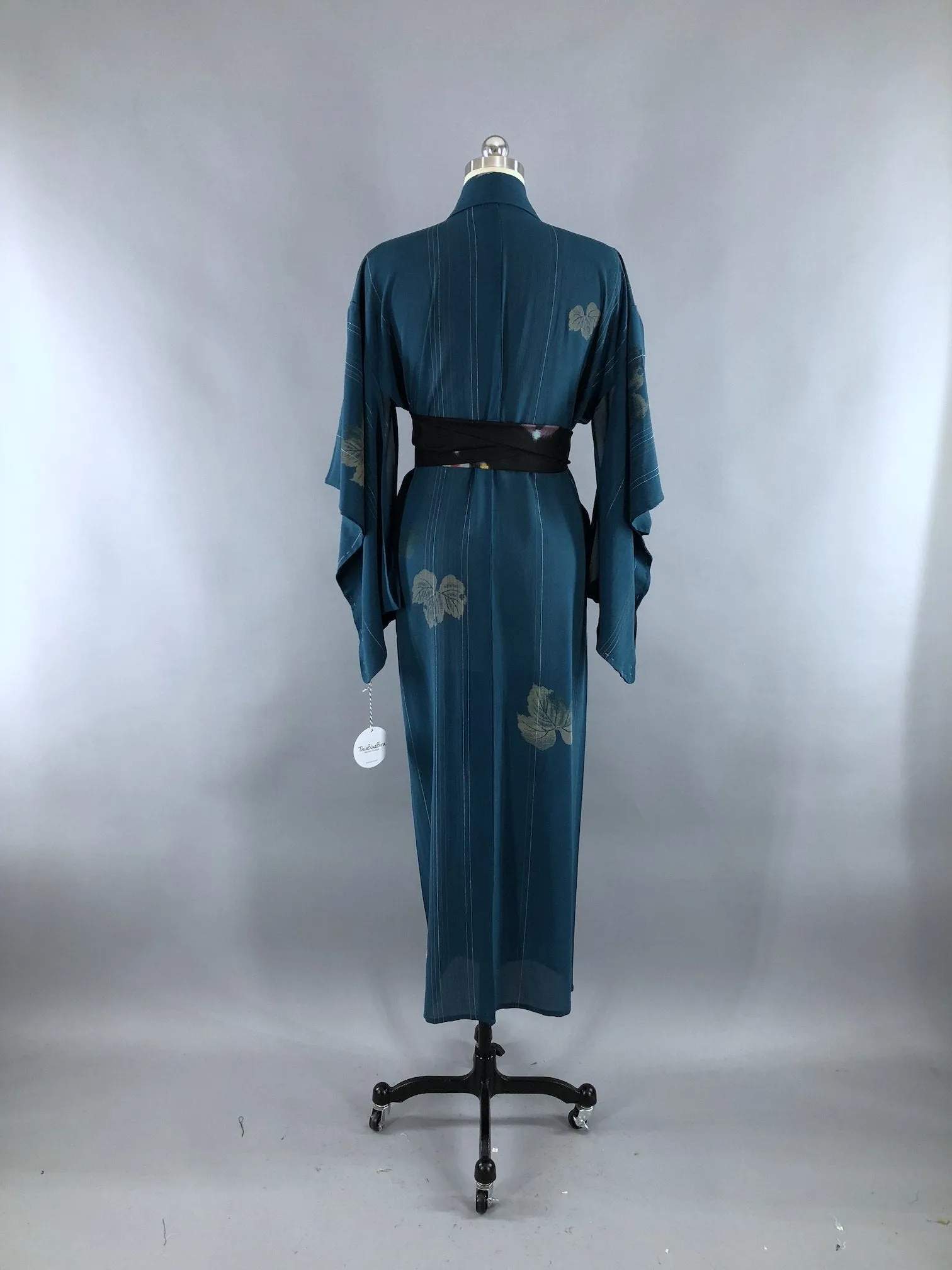 Vintage Silk Crepe Kimono Robe / Teal Blue Green with Silver & Gold Embroidery Leaves