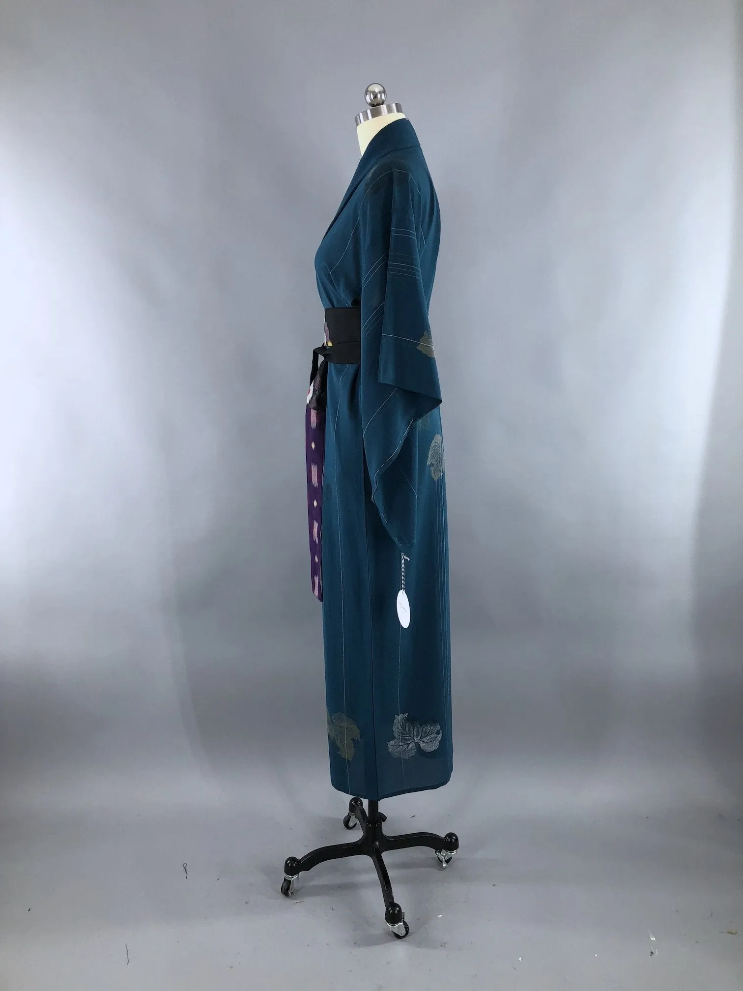 Vintage Silk Crepe Kimono Robe / Teal Blue Green with Silver & Gold Embroidery Leaves