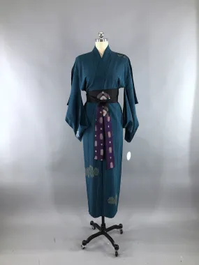 Vintage Silk Crepe Kimono Robe / Teal Blue Green with Silver & Gold Embroidery Leaves