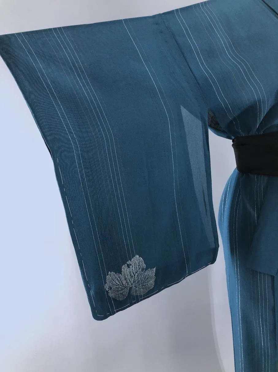 Vintage Silk Crepe Kimono Robe / Teal Blue Green with Silver & Gold Embroidery Leaves