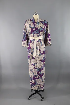 Vintage Silk Kimono Robe - Purple Floral Print