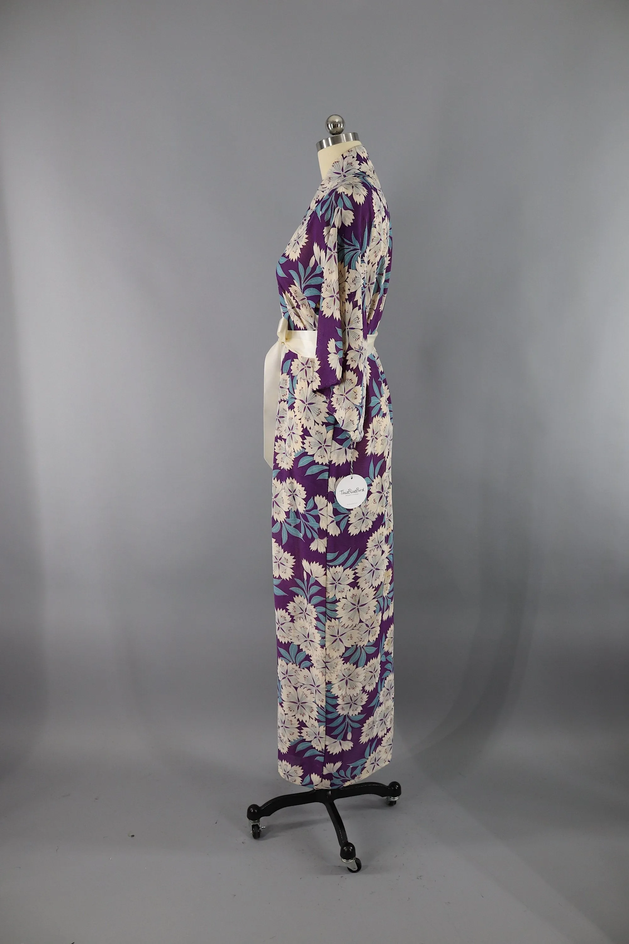 Vintage Silk Kimono Robe - Purple Floral Print