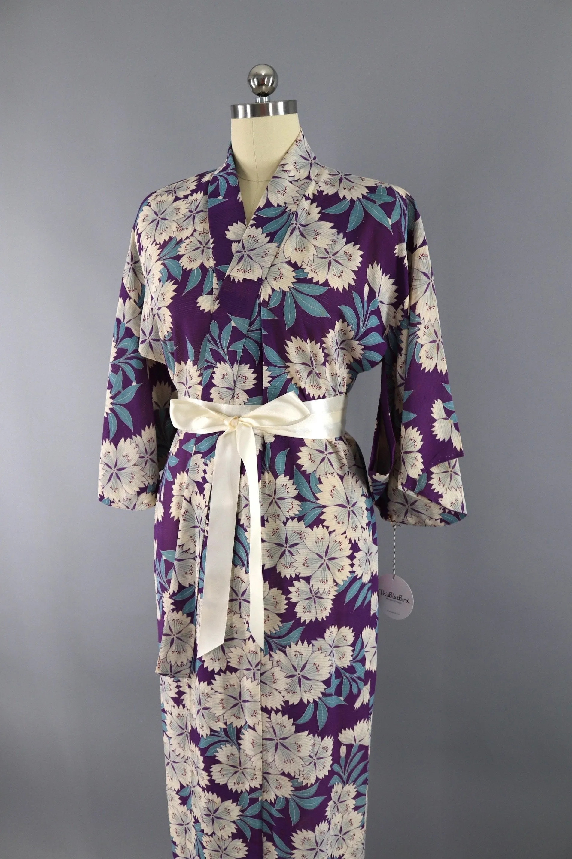 Vintage Silk Kimono Robe - Purple Floral Print