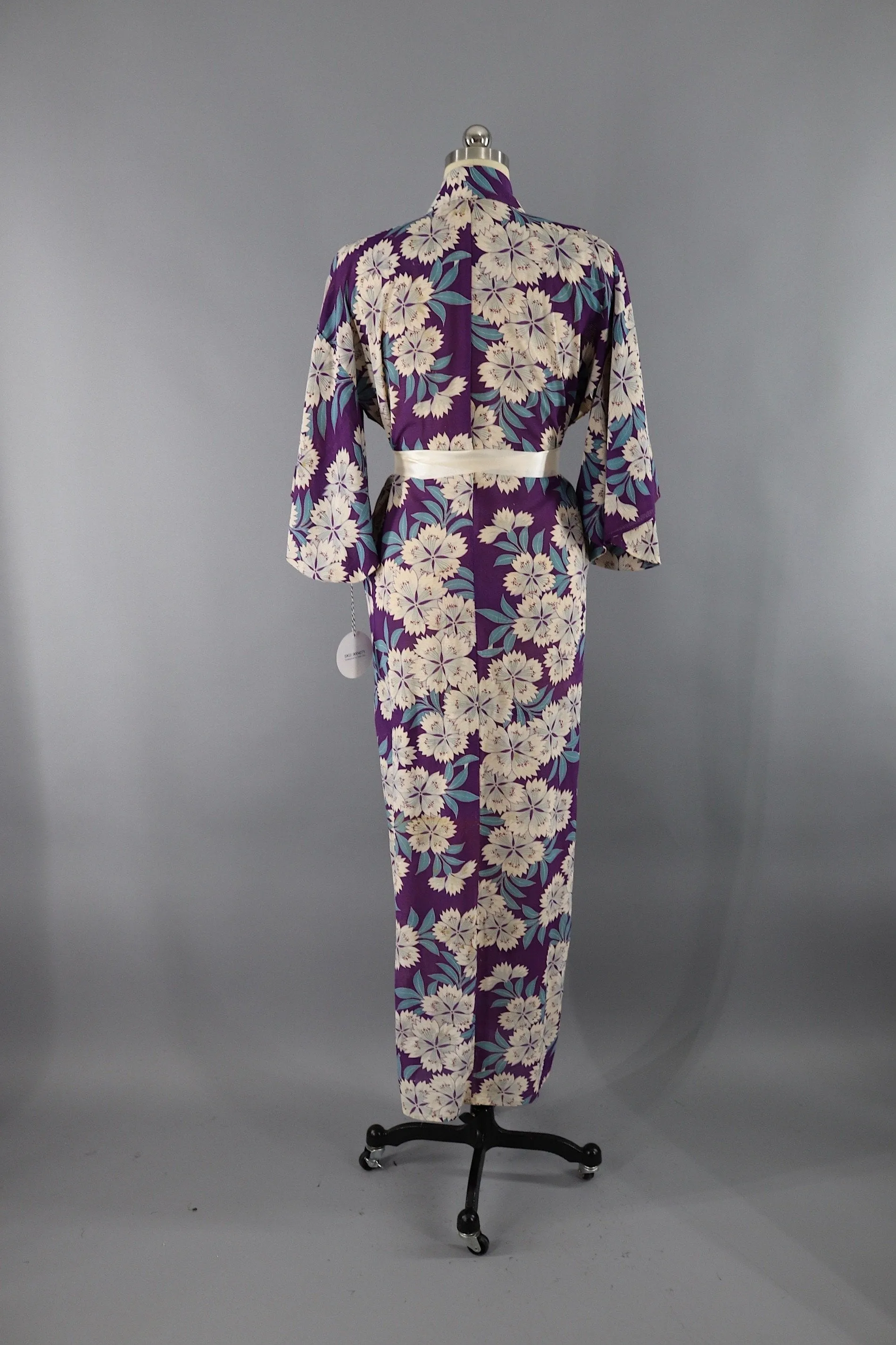 Vintage Silk Kimono Robe - Purple Floral Print