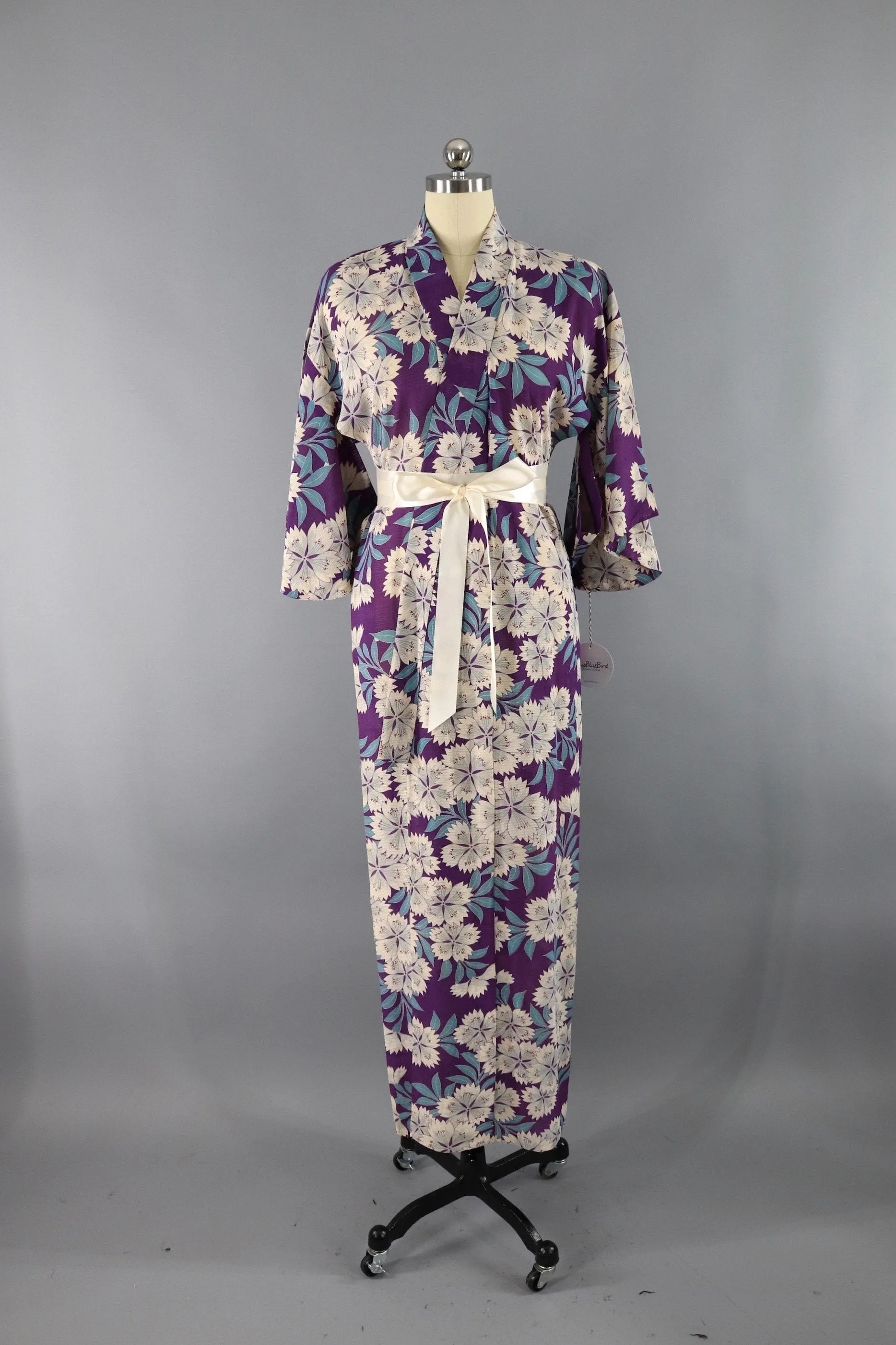 Vintage Silk Kimono Robe - Purple Floral Print