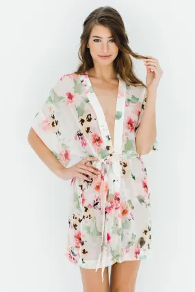 Watercolor Dreams Floral print Silk Chiffon Kimono Robe