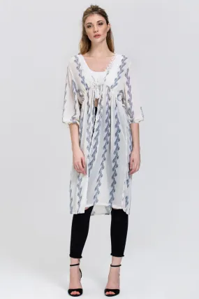 White Sheer Feather Print Long Robe Top