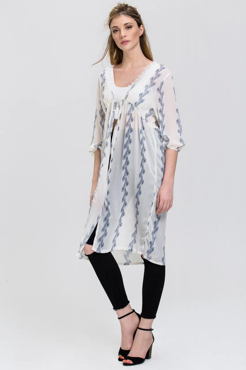 White Sheer Feather Print Long Robe Top