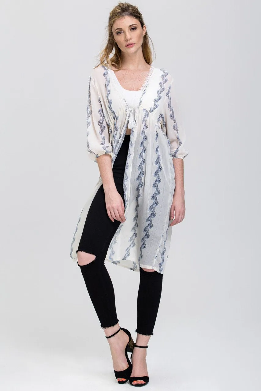 White Sheer Feather Print Long Robe Top