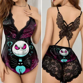 Women's Pajama Set. Butterfly Back Lace Black Babydoll Nightgown Outfit